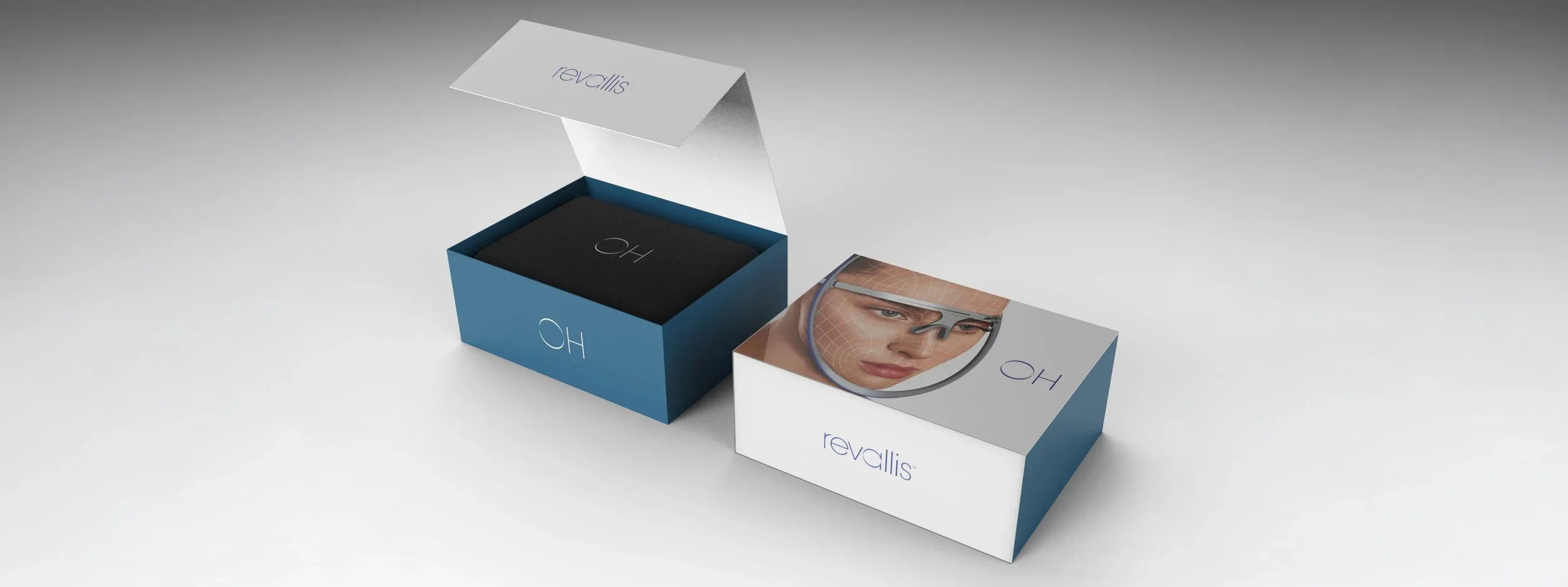 Revallis OH packaging: a white and deep blue box with the device visor shown on the lid